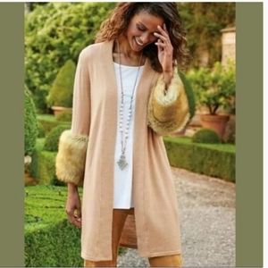 Soft Surroundings longline cardigan wool cashmere removable faux fur cuffs 1x